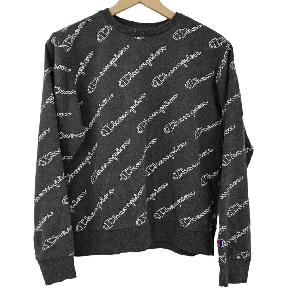 Champion Allover Logo Gray Pullover Sweatshirt Size XL Long Sleeve Soft Top
